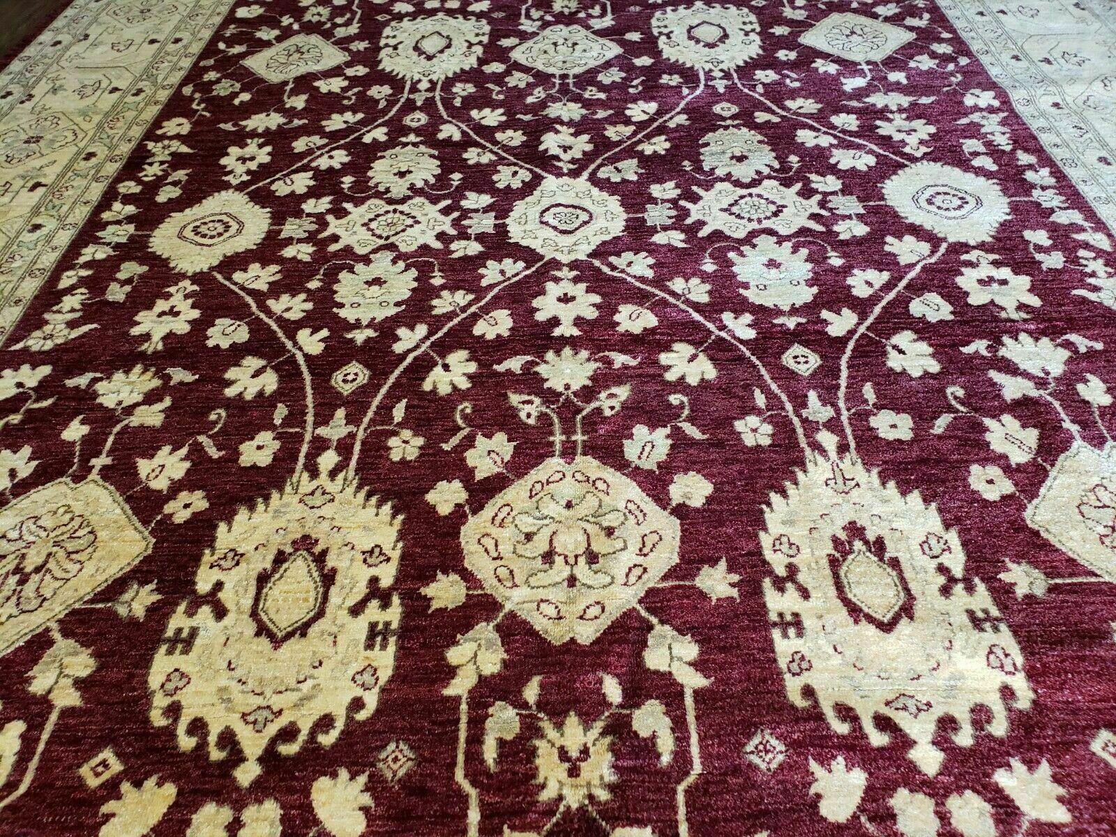 Pakistani Peshawar Rug 10x14, Handmade Chobi Carpet, Maroon & Beige - Nuvé