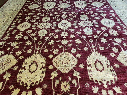 Pakistani Peshawar Rug 10x14, Handmade Chobi Carpet, Maroon & Beige - Nuvé