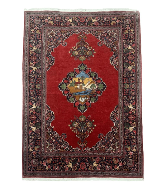 Red Persian Kashan Rug 4x6, Very Fine 260 KPSI, Red and Navy Blue Persian Carpet, Semi Open Field