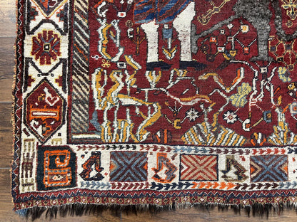 Antique Persian Shiraz Pictorial Rug 3.6 x 5, Persian Tribal Rug, Handmade, Lions, Highly Unique Collectible Small Persian Carpet, Maroon, Wool - Nuvé