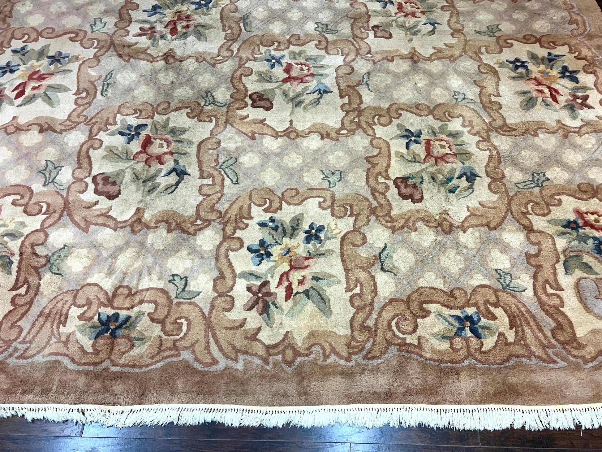 Indo Chinese Aubusson Wool Rug 11x16, Palace Sized Carpet, Oversized Handmade Vintage Rug, European Design - Nuvé