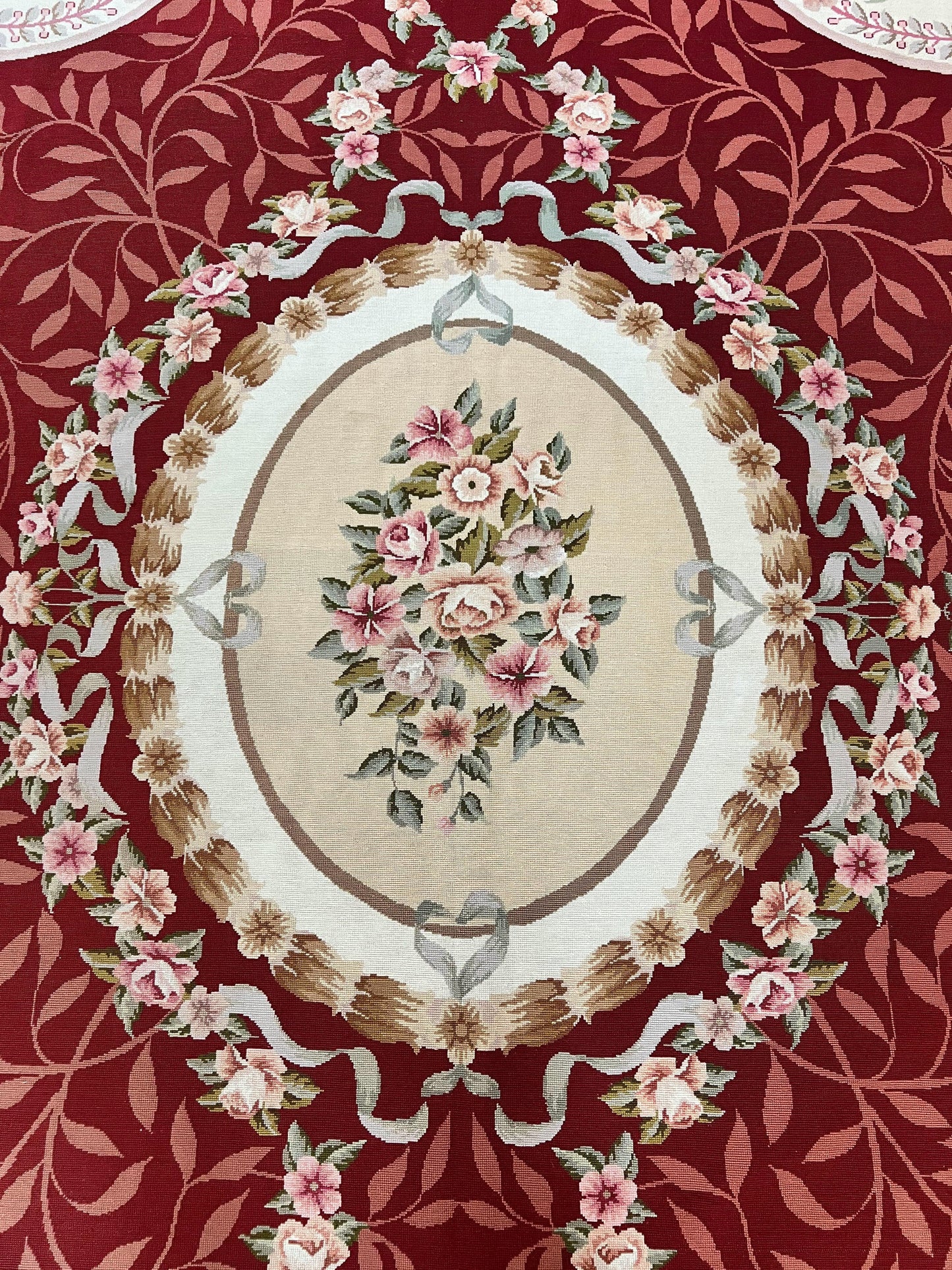Wonderful Aubusson Rug 9x12, Handmade Vintage Needlepoint Carpet, Red and Ivory, Elegant European Design, Wool - Nuvé
