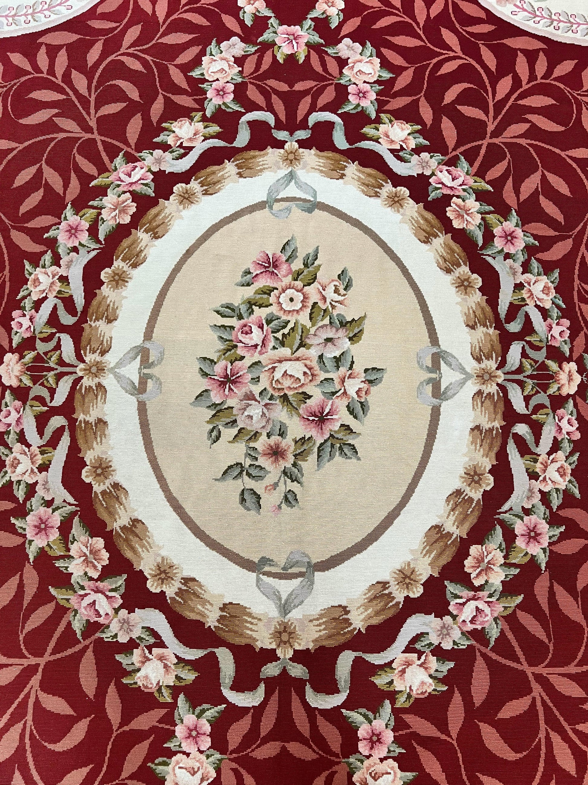Wonderful Aubusson Rug 9x12, Handmade Vintage Needlepoint Carpet, Red and Ivory, Elegant European Design, Wool - Nuvé