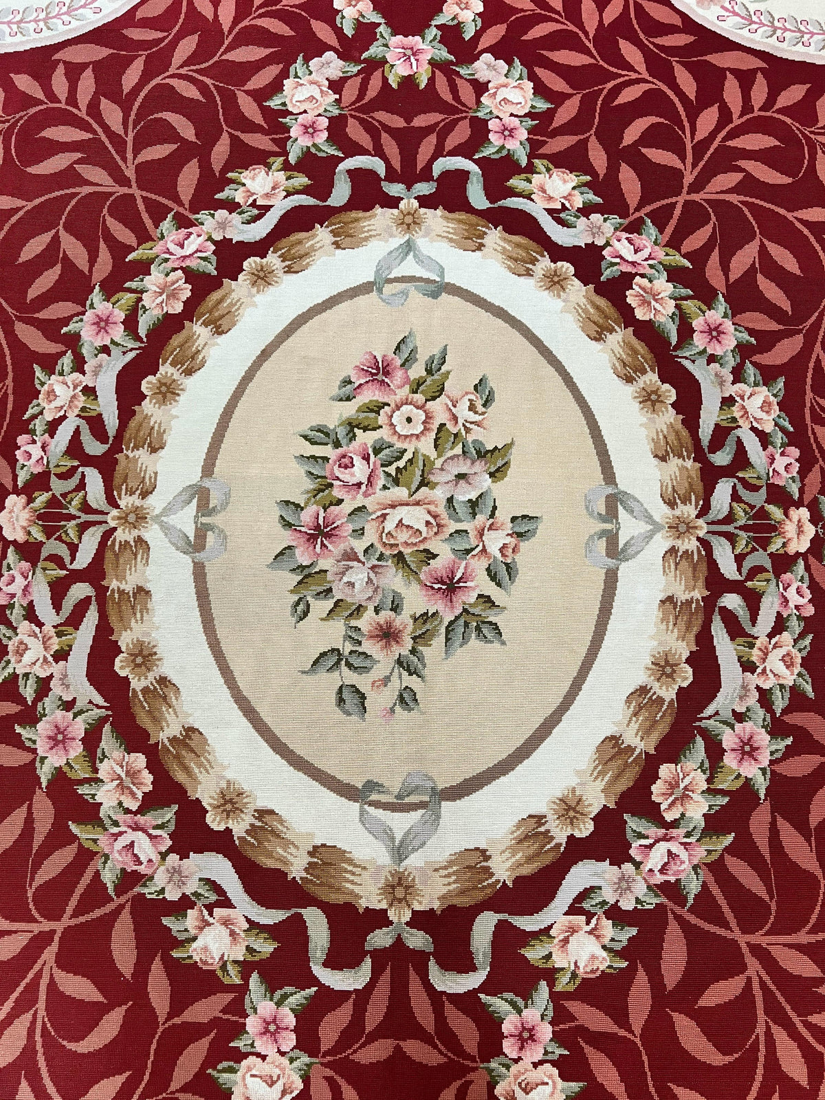 Wonderful Aubusson Rug 9x12, Handmade Vintage Needlepoint Carpet, Red and Ivory, Elegant European Design, Wool
