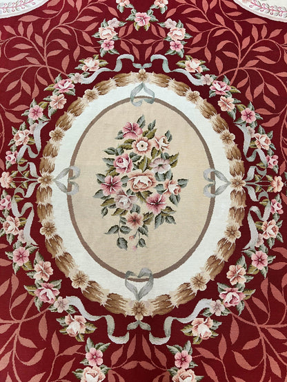 Wonderful Aubusson Rug 9x12, Handmade Vintage Needlepoint Carpet, Red and Ivory, Elegant European Design, Wool