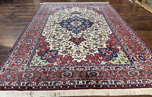 Wonderful Persian Isfahan Rug 7x9, Ivory Navy Blue Red, Floral Medallion, Very Finely Hand Knotted 260 KPSI, Handmade Wool Vintage Rug - Nuvé