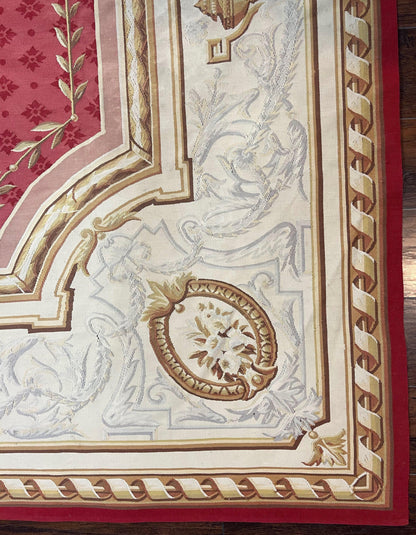 Aubusson Rug 9x12 ft, Red and Ivory Elegant Aubusson Carpet, Flatweave, Vintage Wool Handmade Area Rug 9 x 12, French European Design - Nuvé