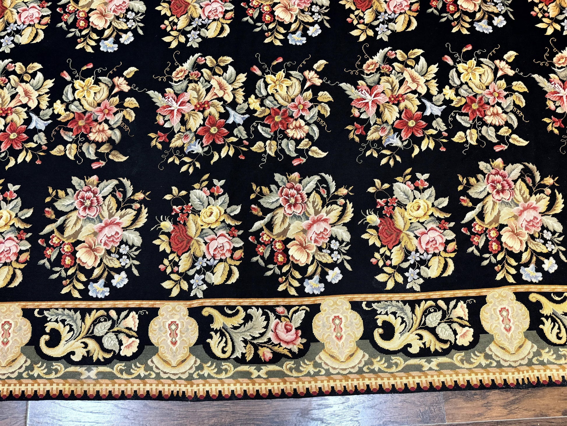 Palace Size Needlepoint Rug 12x16, Black and Colorful, Floral Panel, Handmade Oversized Wool Needlepoint Carpet, Rare - Nuvé