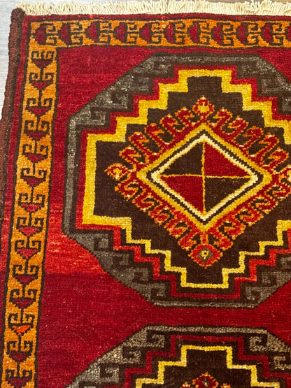 Small Antique Turkish Yastik Rug 2x3, Double Medallions, Geometric, Red, Wool - Nuvé