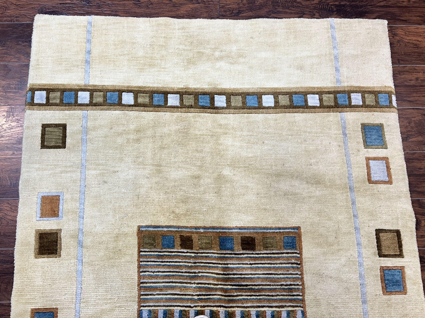 Tibetan Rug 5x8, Contemporary Rug 5 x 8 ft, Cream Brown Blue Hand-Knotted Wool w/ Silk Highlights Tibetan Carpet, Modern Rug - Nuvé