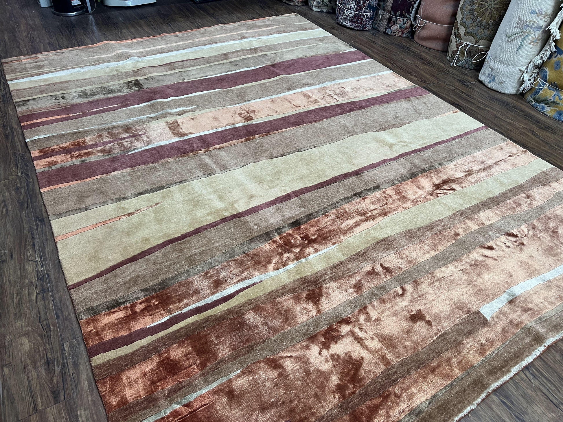 Modern Tibetan Rug 8x11 Nepali Carpet, Shiny Velvely Soft Wool and Silk, Contemporary Hand Knotted Rug, Striped Design, Wool Area Rug 8 x 11 - Nuvé