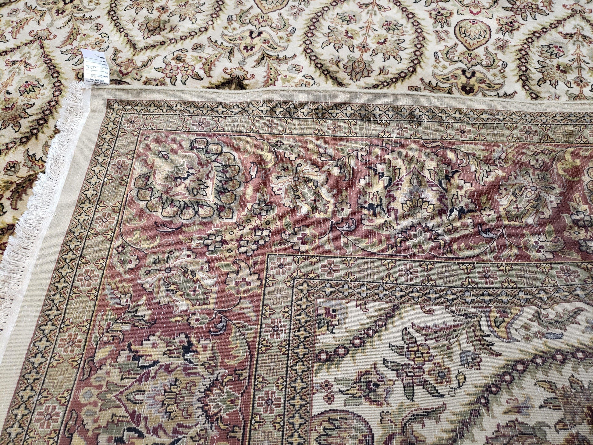 Vintage Indo Persian Area Rug 9x12, Wool Hand-Knotted Ivory & Dark Red Oriental Carpet, Fine Weave 9 x 12 Indian Rug, Dining Room Rug - Nuvé