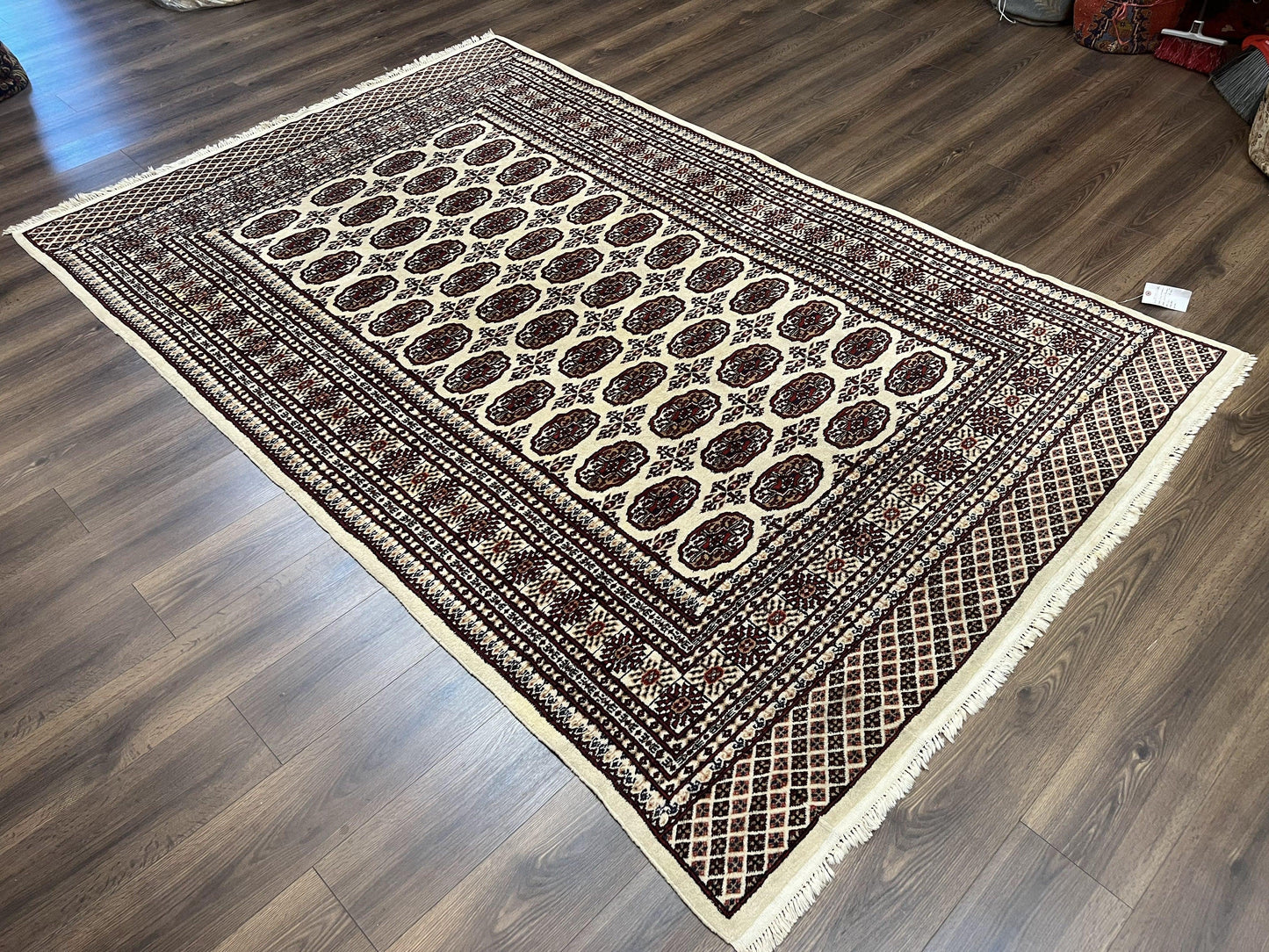 Pakistani Turkoman Rug 6x9, Cream and Red Hand Knotted Wool Oriental Carpet, Yamud Rug, Tribal Rug 6 x 9, Bohemian Area Rug, Bokhara Rug - Nuvé