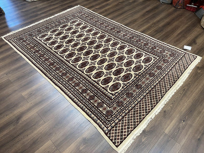 Pakistani Turkoman Rug 6x9, Cream and Red Hand Knotted Wool Oriental Carpet, Yamud Rug, Tribal Rug 6 x 9, Bohemian Area Rug, Bokhara Rug - Nuvé