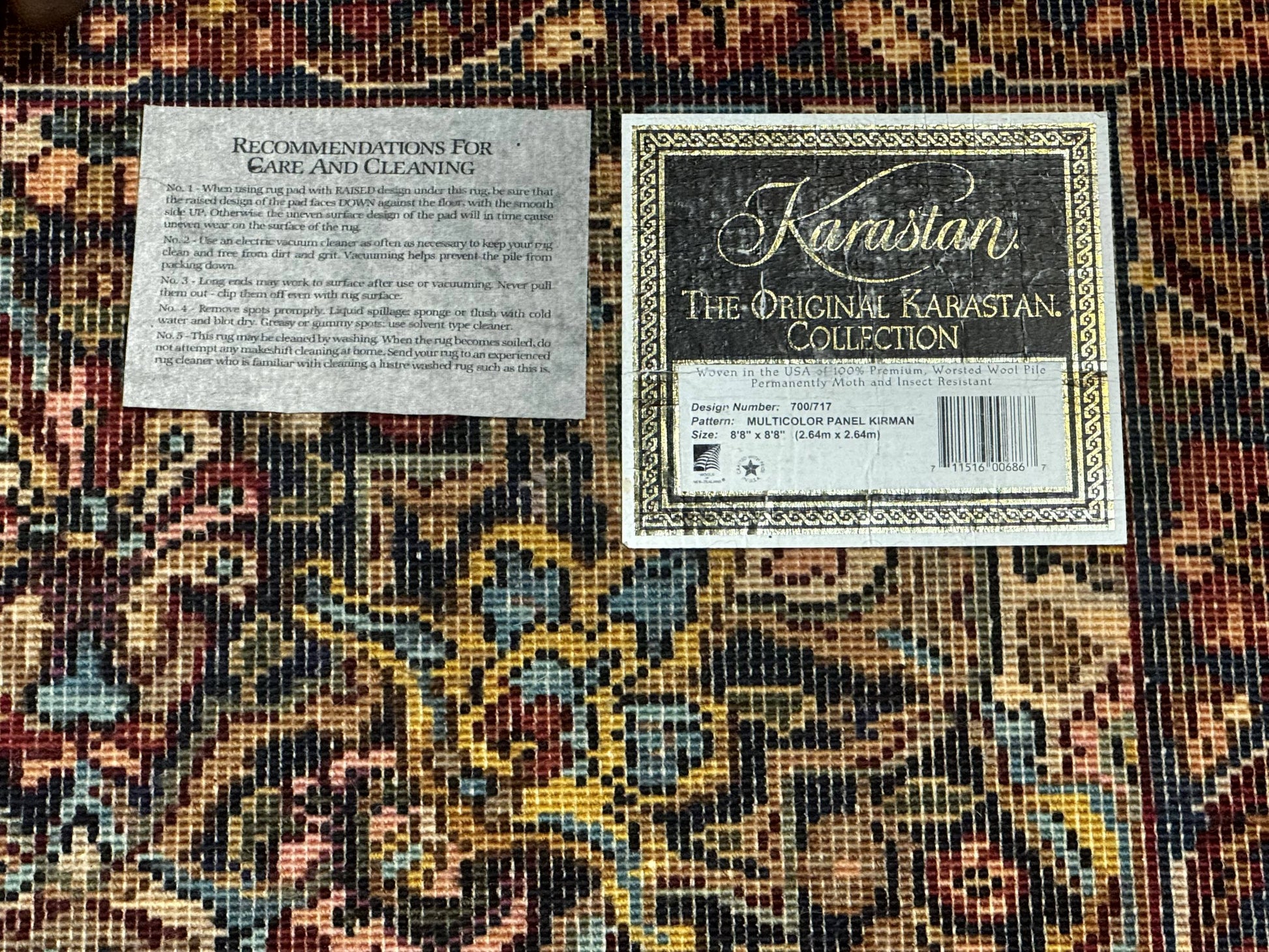 Square Karastan Multicolor Panel Kirman Rug #717, Rare Size 8.8 x 8.8, Original 700 Series, Wool - Nuvé