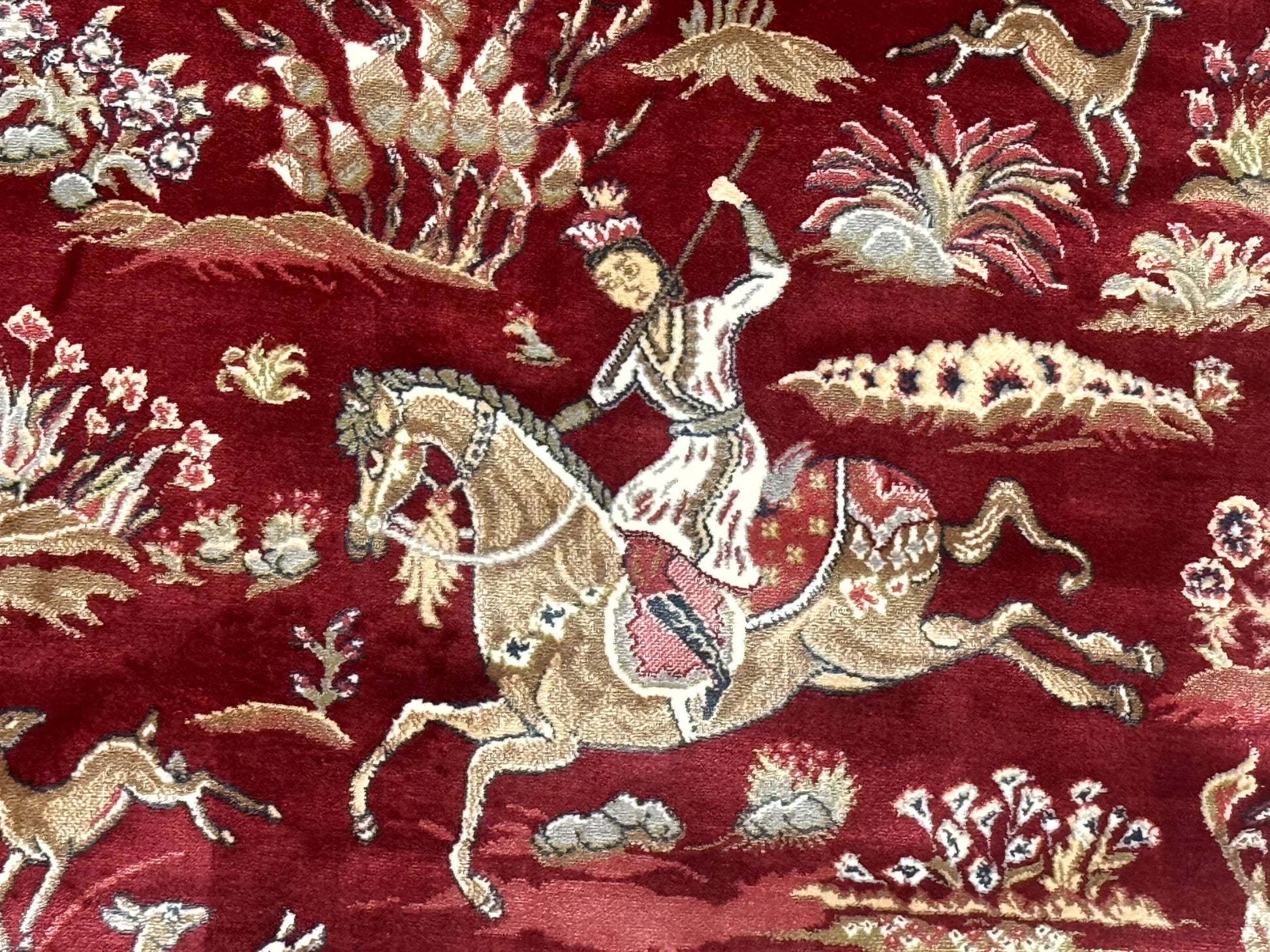 Turkish Silk Hunting Design Rug 4x6, Dark Red & Ivory, Bamboo Silk, New - Nuvé