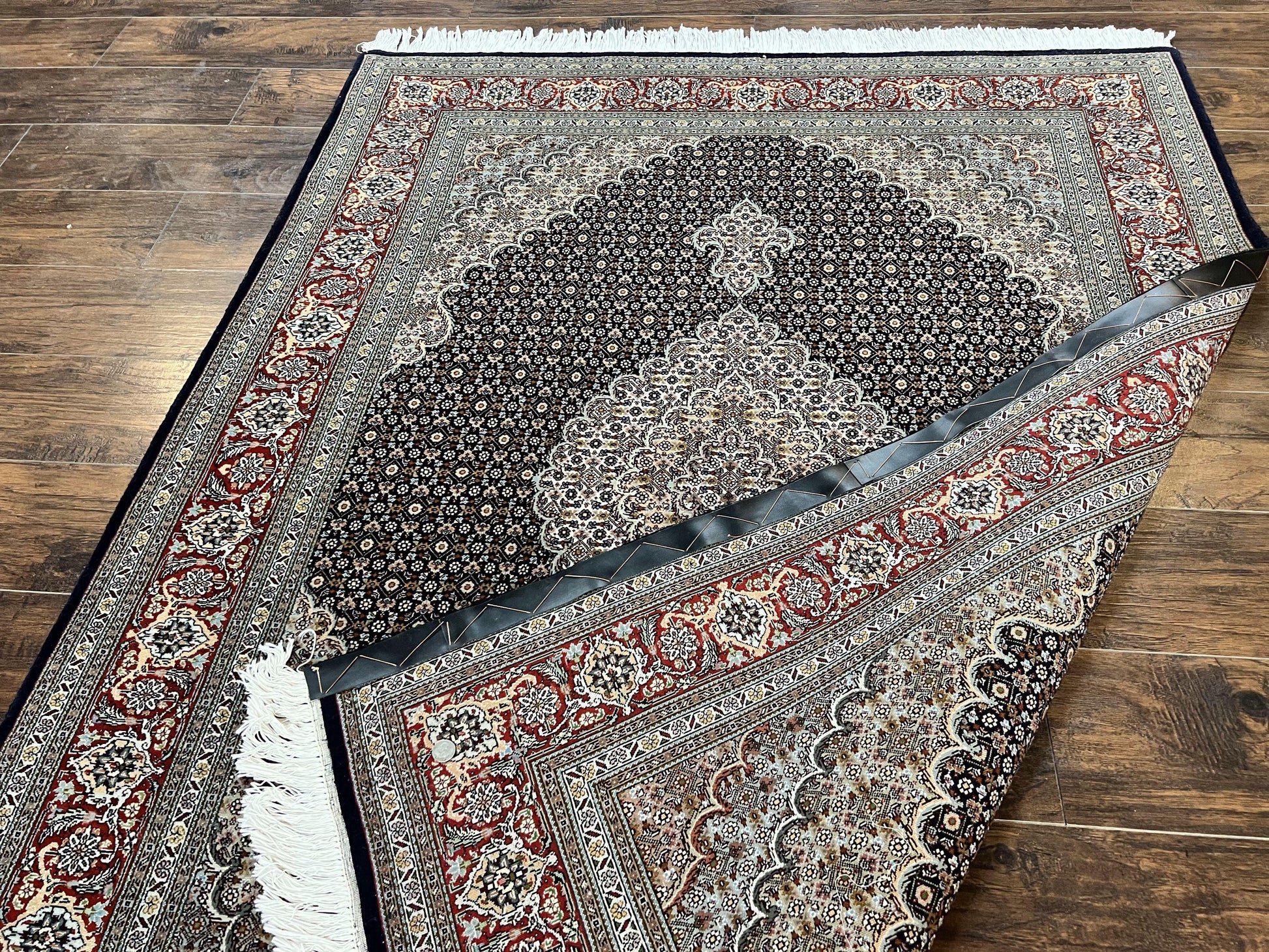 Persian Tabriz Rug 5x7, Wool with Silk Highlights, Hand Knotted Vintage Oriental Carpet, Very Fine, Herati Mahi Pattern, Black, Rare - Nuvé