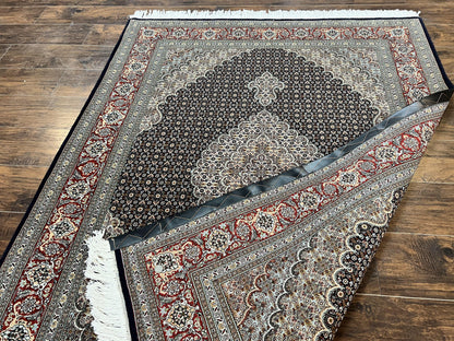 Persian Tabriz Rug 5x7, Wool with Silk Highlights, Hand Knotted Vintage Oriental Carpet, Very Fine, Herati Mahi Pattern, Black, Rare - Nuvé