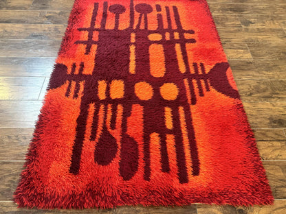 Danish Rya Shag Rug 4x6, Red Vintage Mid Century Retro Abstract Shag Rug - Nuvé
