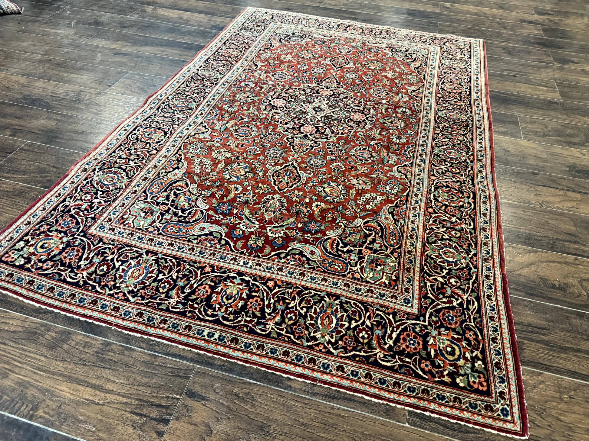 Persian Kashan Rug 4x7, Red and Navy Blue, Floral Antique Carpet - Nuvé