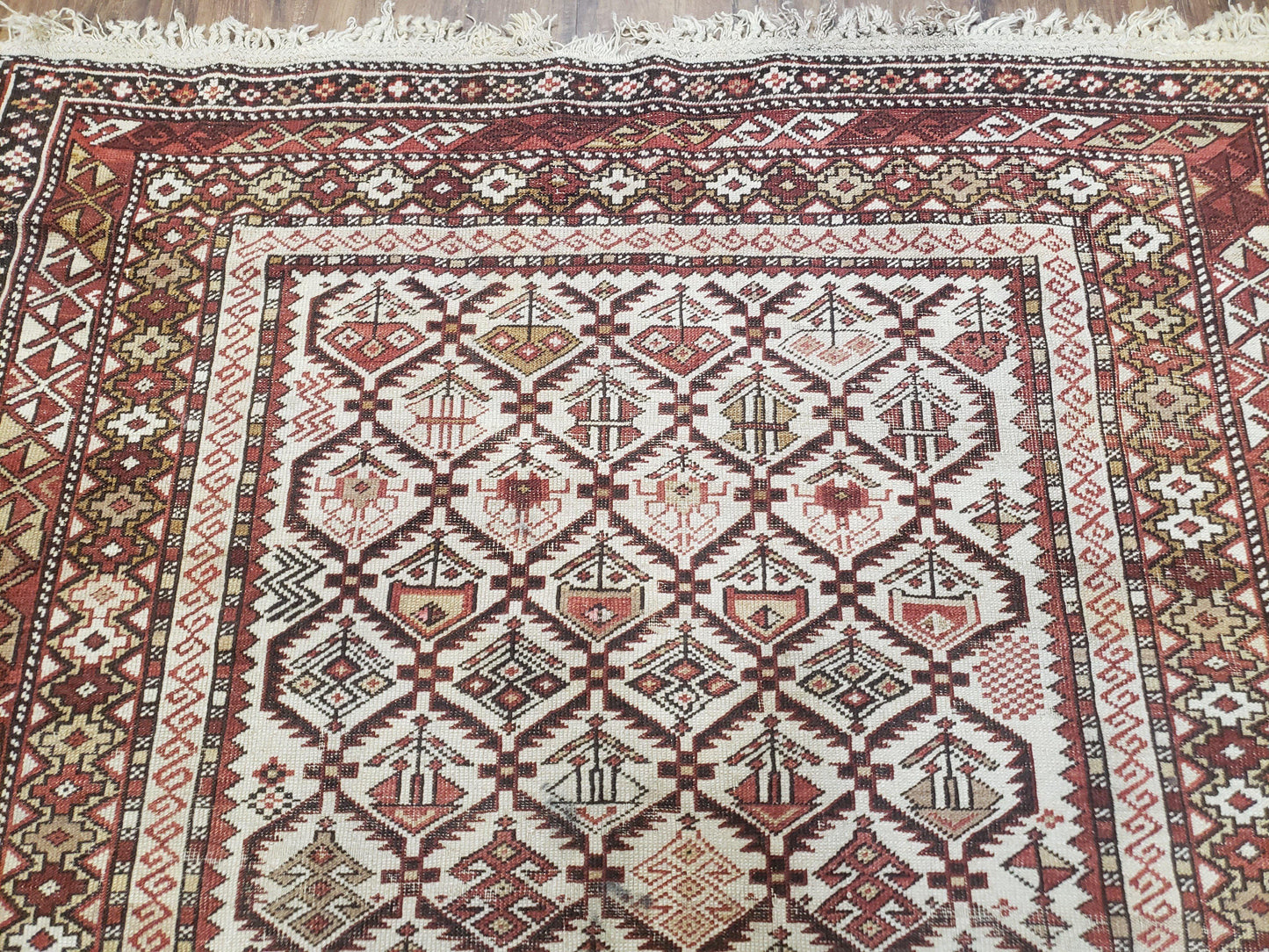 Antique Caucasian Shirvan Rug 4x6, Dagestan Area Rug, Wool Hand-Knotted Soft Red & Ivory 1920s Oriental Carpet, Soft Muted Colors - Nuvé