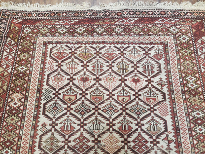 Antique Caucasian Shirvan Rug 4x6, Dagestan Area Rug, Wool Hand-Knotted Soft Red & Ivory 1920s Oriental Carpet, Soft Muted Colors - Nuvé