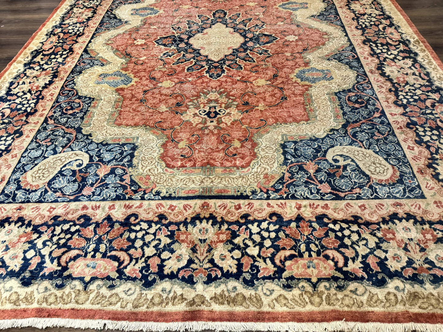Antique Persian Sarouk Rug 9x12, Boteh Paisleys, Light Red Navy Blue - Nuvé