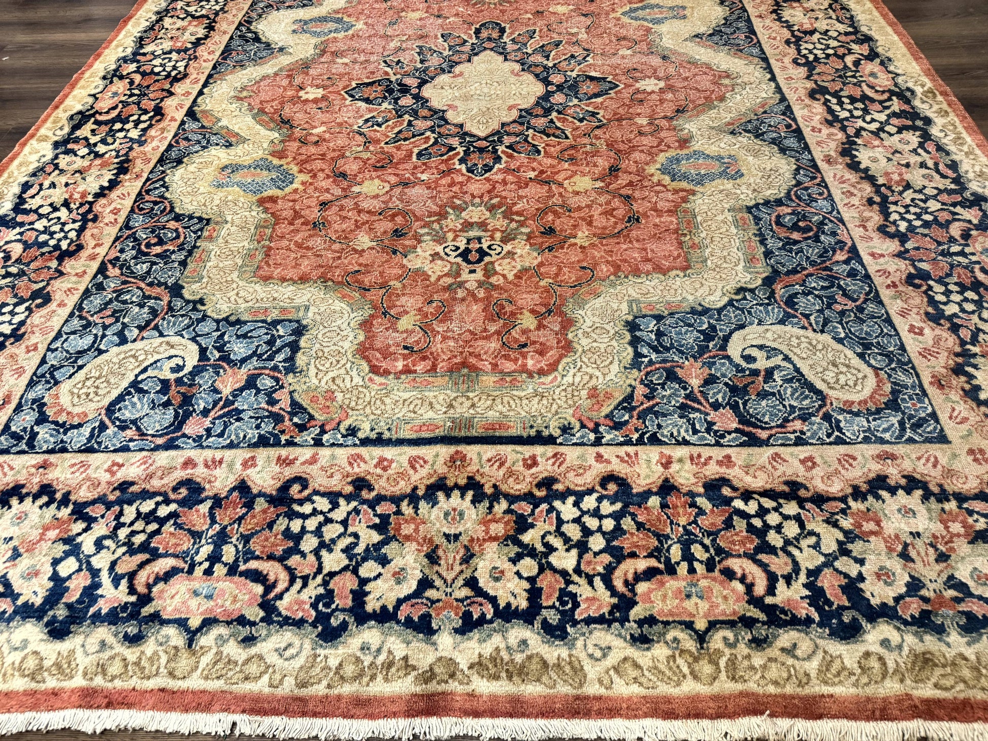 Antique Persian Sarouk Rug 9x12, Boteh Paisleys, Light Red Navy Blue - Nuvé