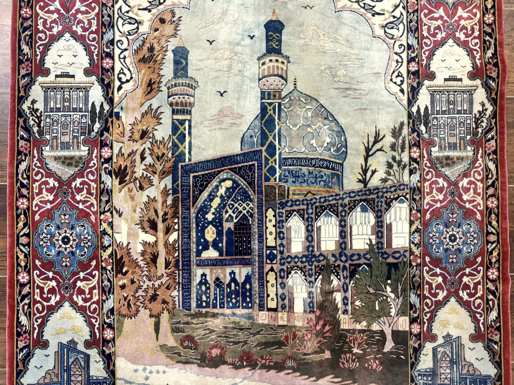 Persian Isfahan Pictorial Rug 3.6 x 5.7, Very Fine 400 KPSI, Historical Buildings, Signed By Masterweaver, Handmade - Nuvé