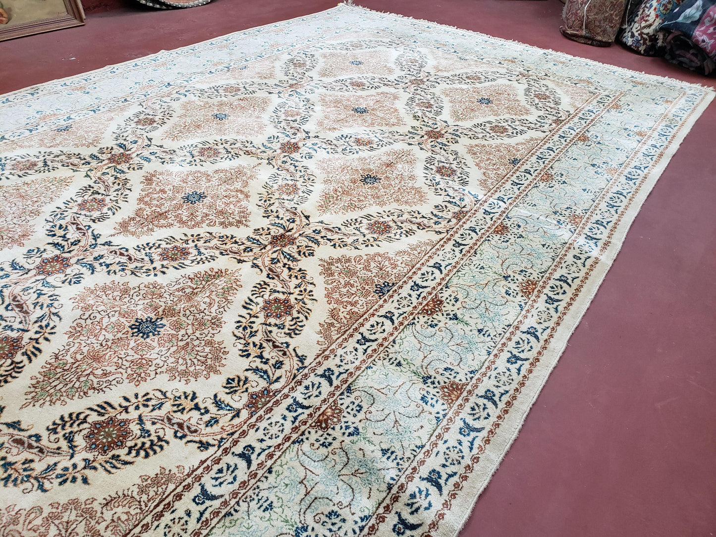 Fine Antique Persian Light Colored Kashan Carpet, 7x12, Top Quality, Rare, Ivory & Blues, Hand-Knotted, Wool - Nuvé
