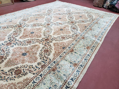 Fine Antique Persian Light Colored Kashan Carpet, 7x12, Top Quality, Rare, Ivory & Blues, Hand-Knotted, Wool - Nuvé