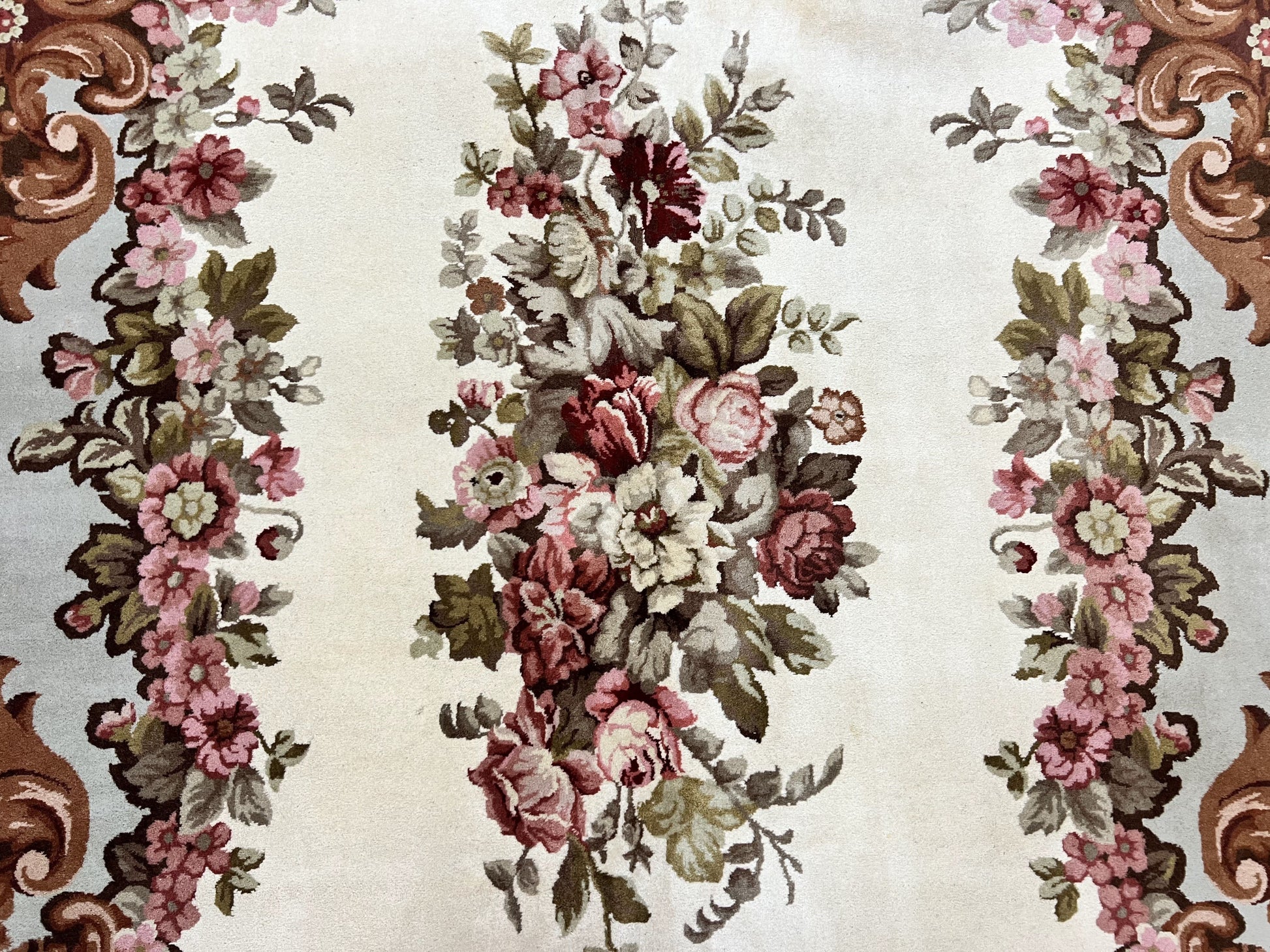 Aubusson Rug 10x13, Cream and Light Mint Green Hand Knotted Handmade French Savonnerie European Carpet, Wool Pile, Large Room Sized Vintage - Nuvé