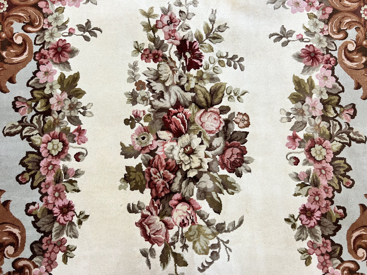 Aubusson Rug 10x13, Cream and Light Mint Green Hand Knotted Handmade French Savonnerie European Carpet, Wool Pile, Large Room Sized Vintage