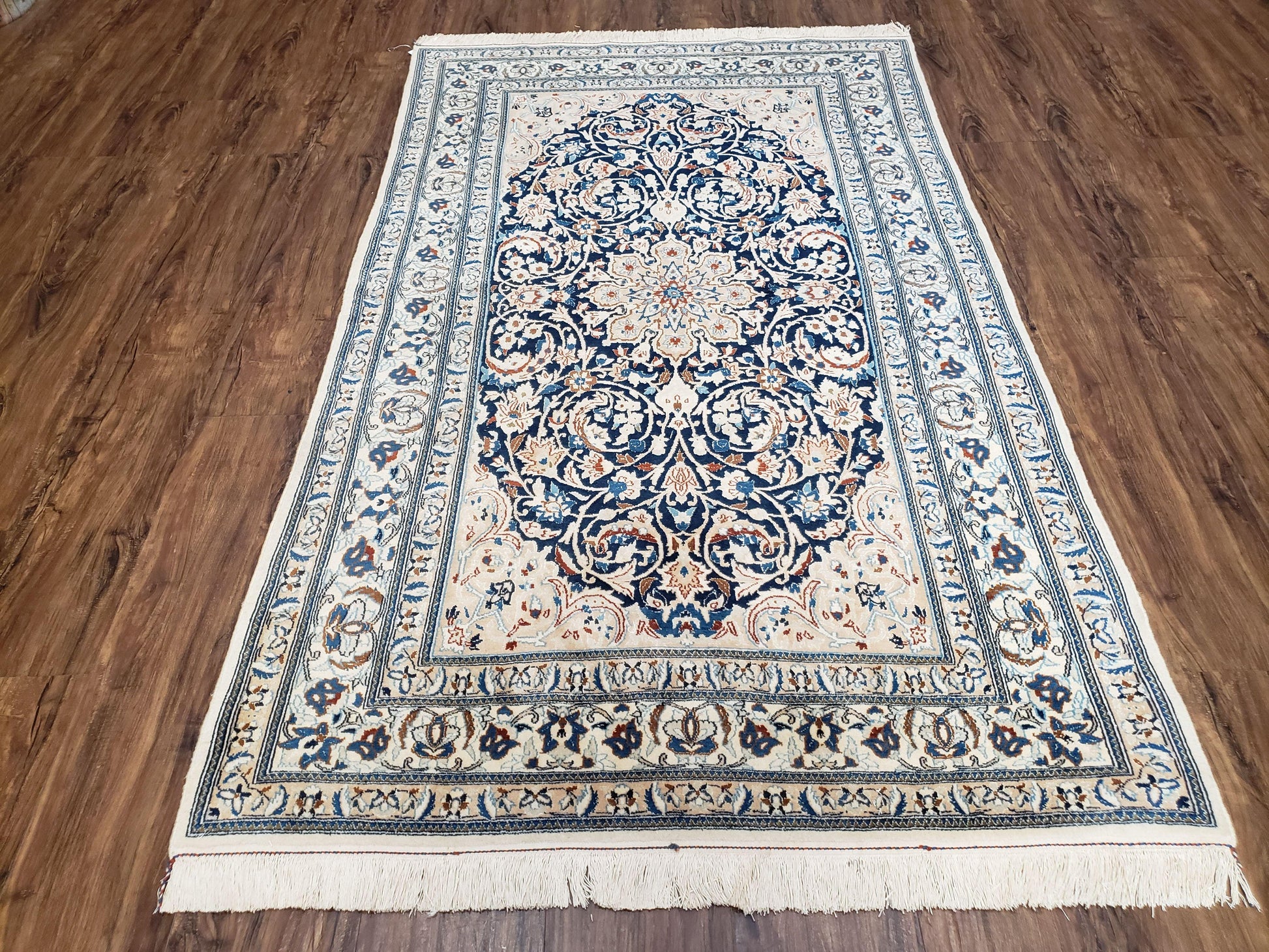 Semi Antique Fine Persian Nain Rug, Ivory & Blue, Wool with Silk Accents, 3'9" x 6'2" - Nuvé