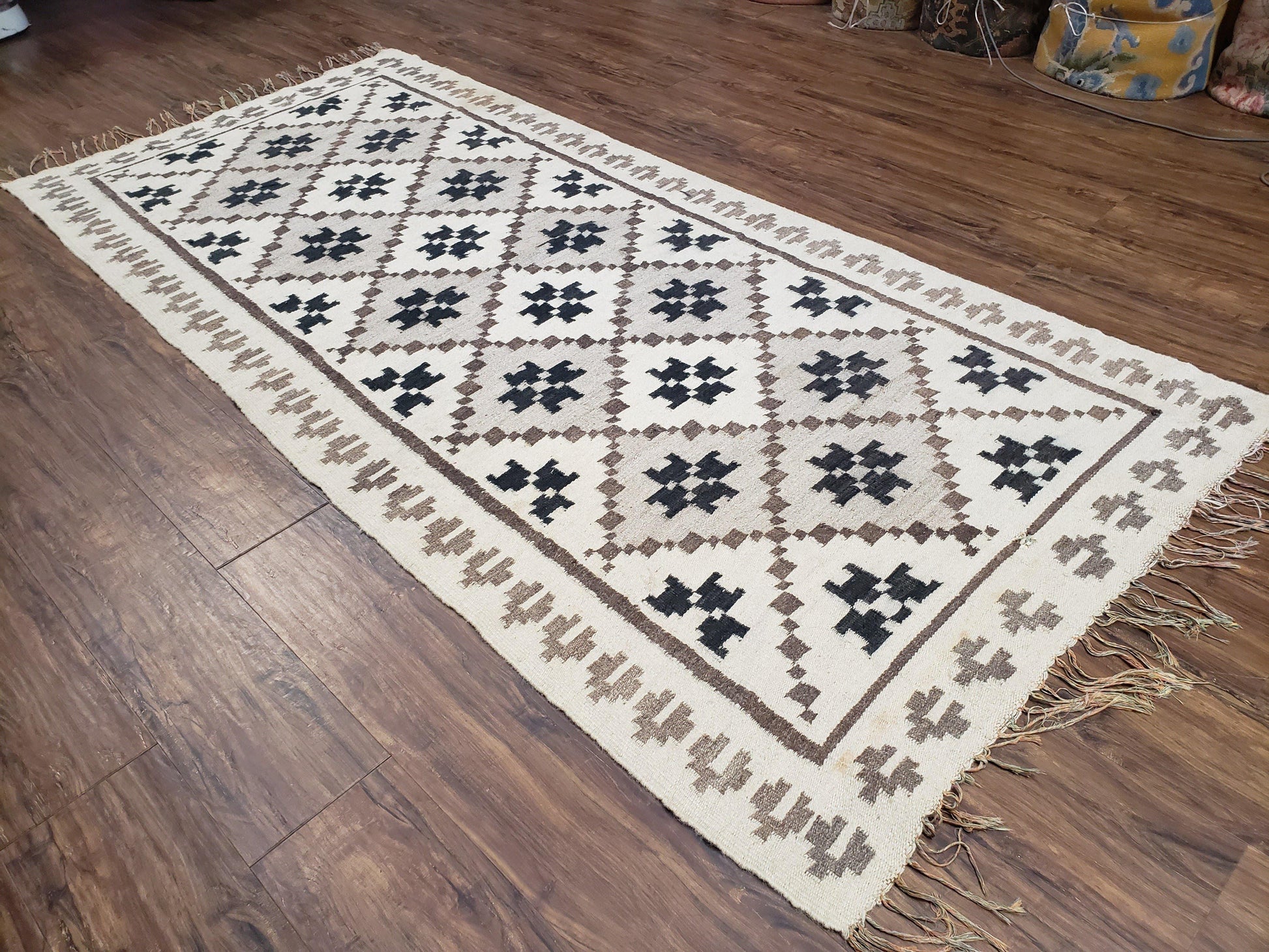 Semi Antique South American Blanket 4x8, Wool Hand-Woven Flatweave Kilim Rug, Handmade Antique Vintage Runner, Ivory & Blue, Diamond Panel - Nuvé
