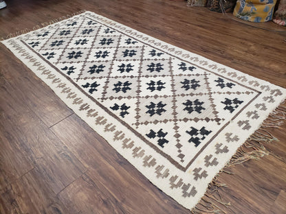 Semi Antique South American Blanket 4x8, Wool Hand-Woven Flatweave Kilim Rug, Handmade Antique Vintage Runner, Ivory & Blue, Diamond Panel - Nuvé