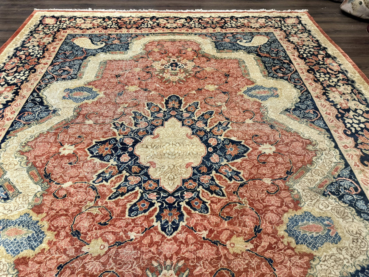 Antique Persian Sarouk Rug 9x12, Boteh Paisleys, Light Red Navy Blue - Nuvé