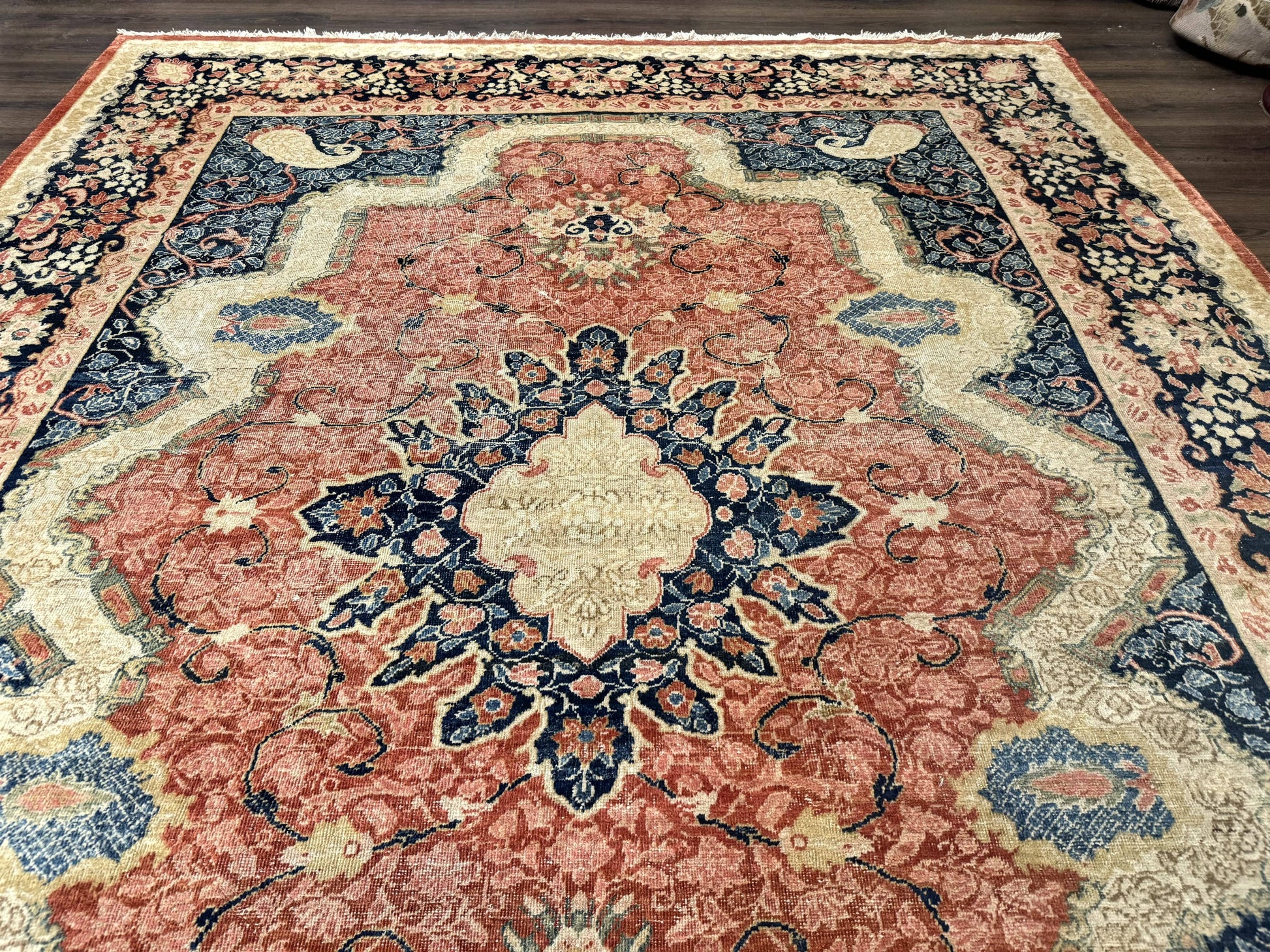 Antique Persian Sarouk Rug 9x12, Boteh Paisleys, Light Red Navy Blue - Nuvé