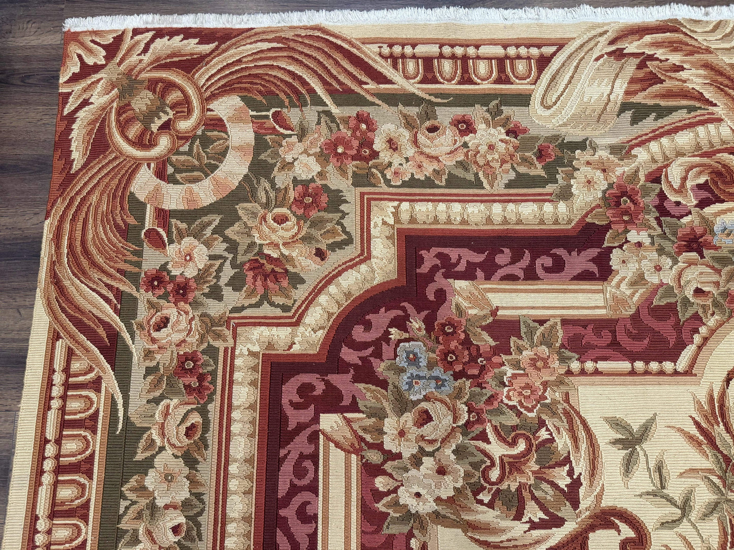 Large Aubusson Rug 10x13, Thick Flatweave Carpet, Elegant European Design, Cream and Raspberry - Nuvé