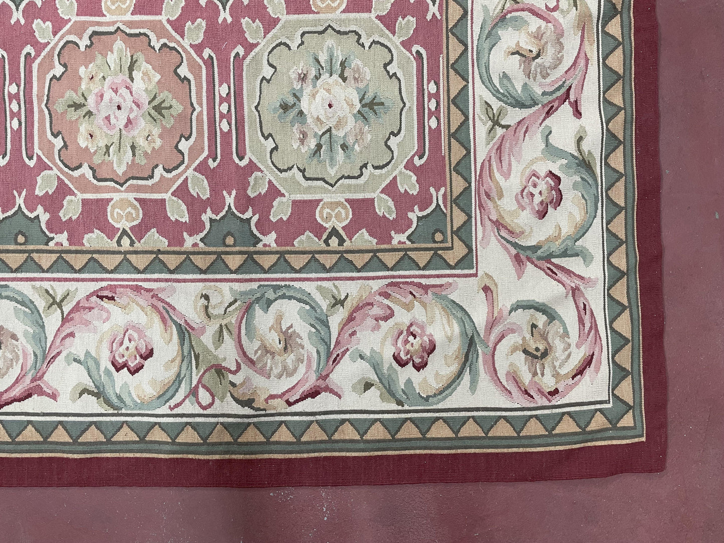 9x9 Square Rug Hand Knotted, Needlepoint Aubusson Carpet, Blush Red, Beige, Green, New, Mint Condition Area Rug, English European Design - Nuvé
