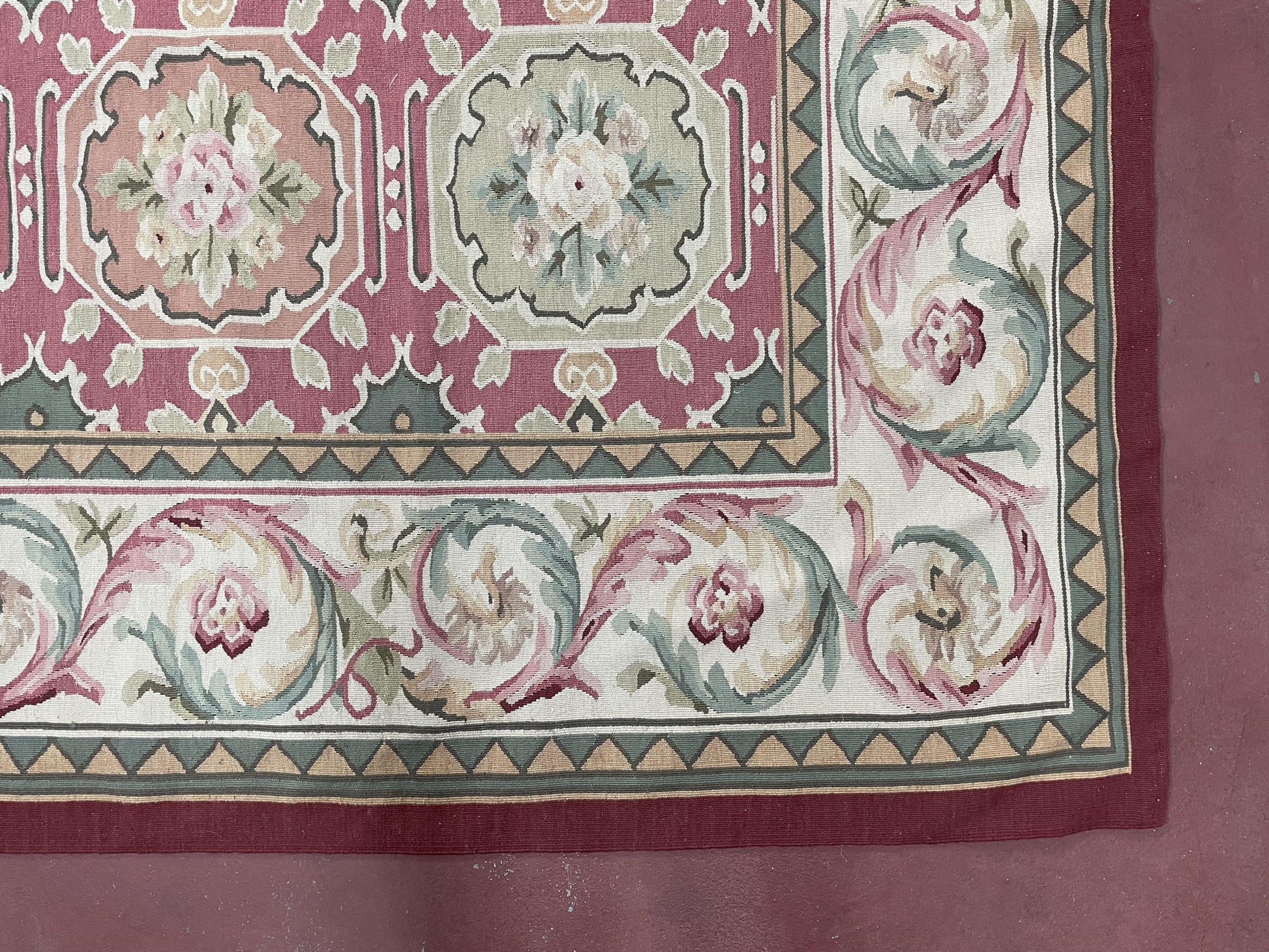 9x9 Square Rug Hand Knotted, Needlepoint Aubusson Carpet, Blush Red, Beige, Green, New, Mint Condition Area Rug, English European Design - Nuvé