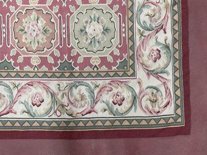 9x9 Square Rug Hand Knotted, Needlepoint Aubusson Carpet, Blush Red, Beige, Green, New, Mint Condition Area Rug, English European Design - Nuvé