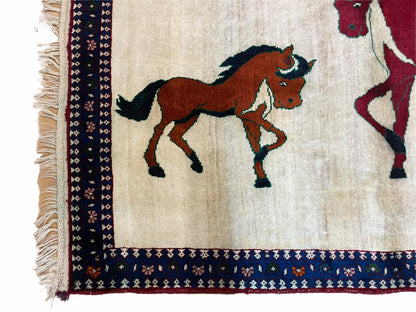 3.5 X 5 Handmade Hand-Knotted Quality Wool Pictorial Brown Horses Animal Rug - Nuvé