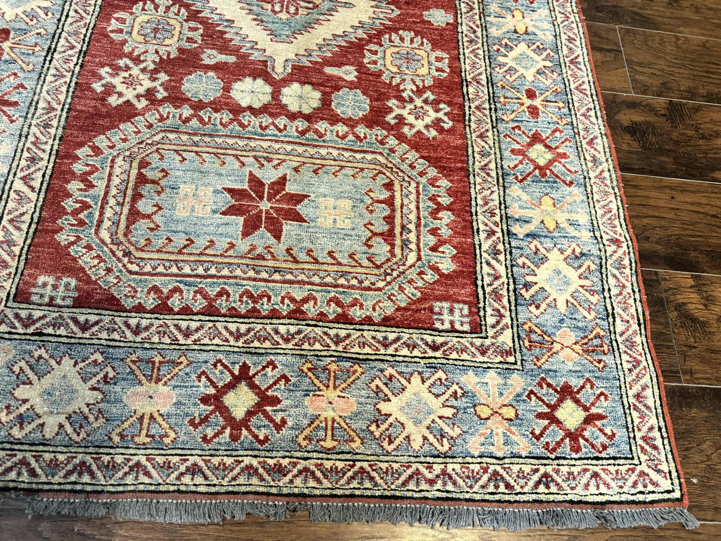 Turkish Kazak Rug 4x6, Handmade Vintage Wool Carpet, Geometric Design, Red and Light Blue - Nuvé