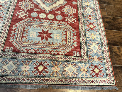 Turkish Kazak Rug 4x6, Handmade Vintage Wool Carpet, Geometric Design, Red and Light Blue - Nuvé
