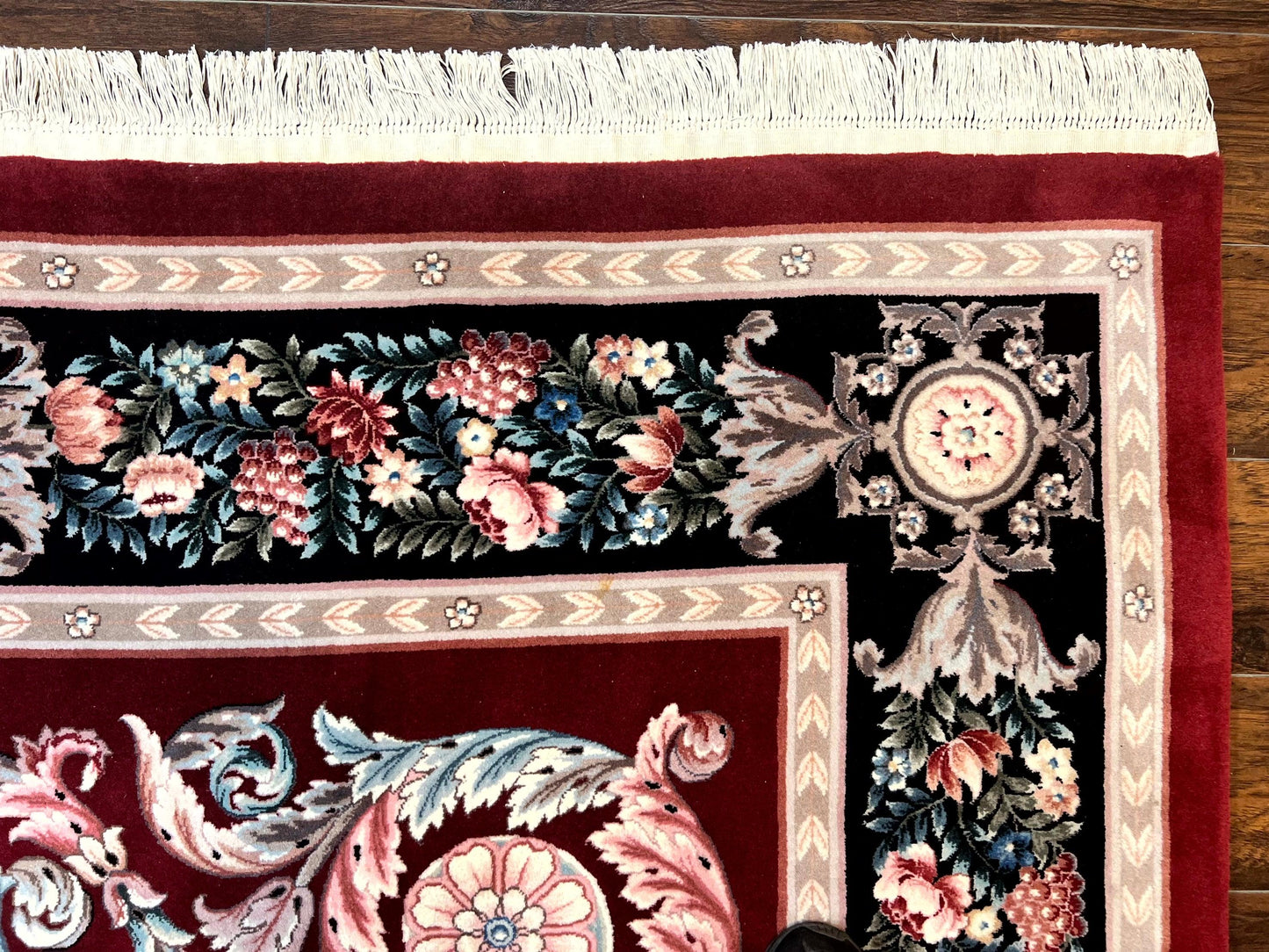 Chinese Aubusson Rug 9x12, Burgundy, Handmade Vintage Wool Carpet, Fine 210 KPSI, Elegant European Design - Nuvé