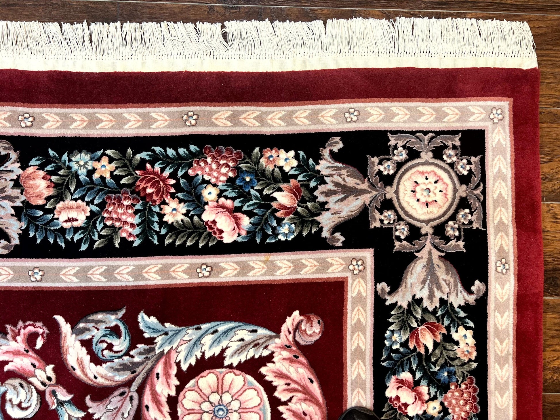 Chinese Aubusson Rug 9x12, Burgundy, Handmade Vintage Wool Carpet, Fine 210 KPSI, Elegant European Design - Nuvé