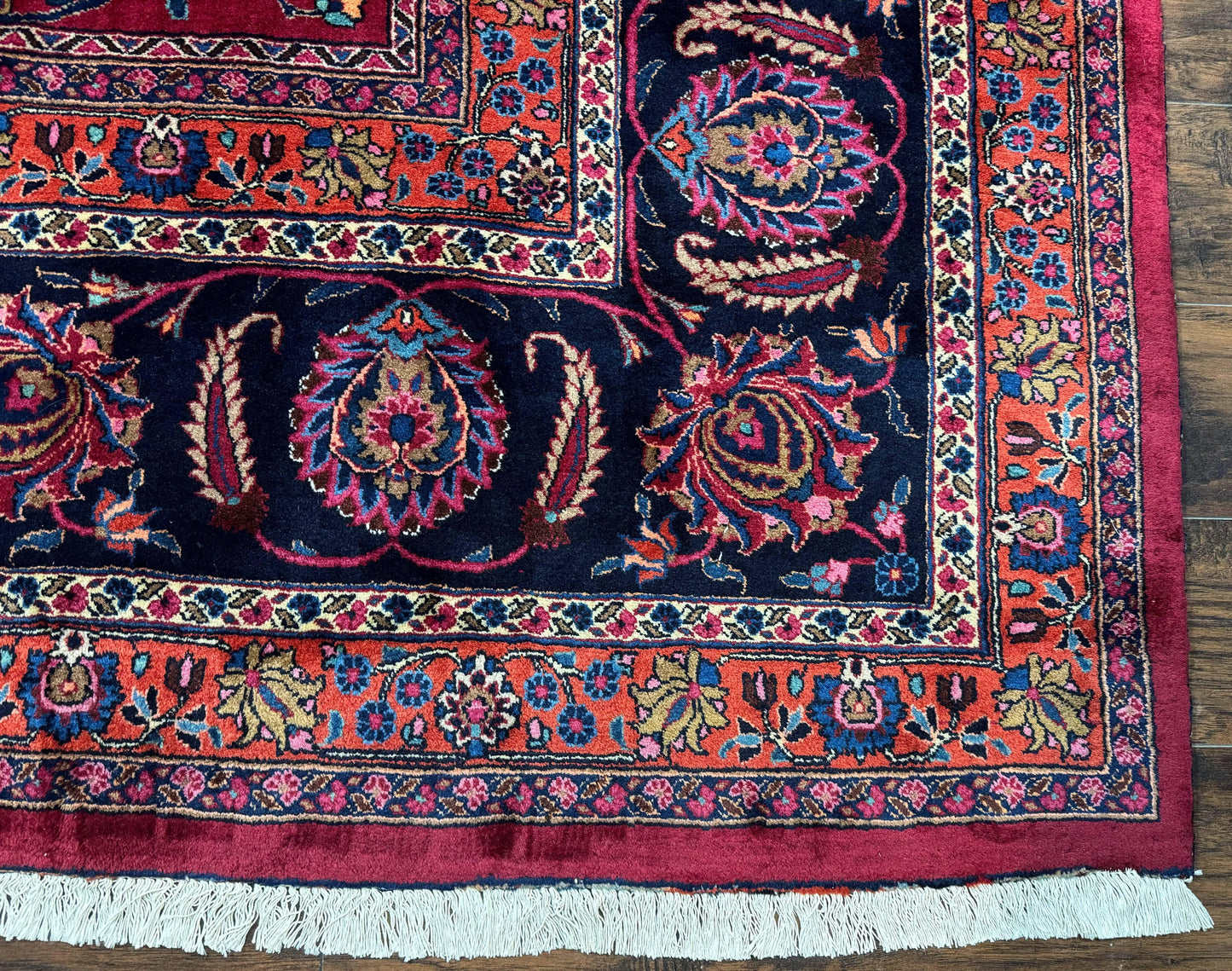 Palace Size Persian Mashad Rug 12x16, Raspberry and Navy Blue, Signature from Master Weaver, Antique Handmade Large Wool Carpet - Nuvé