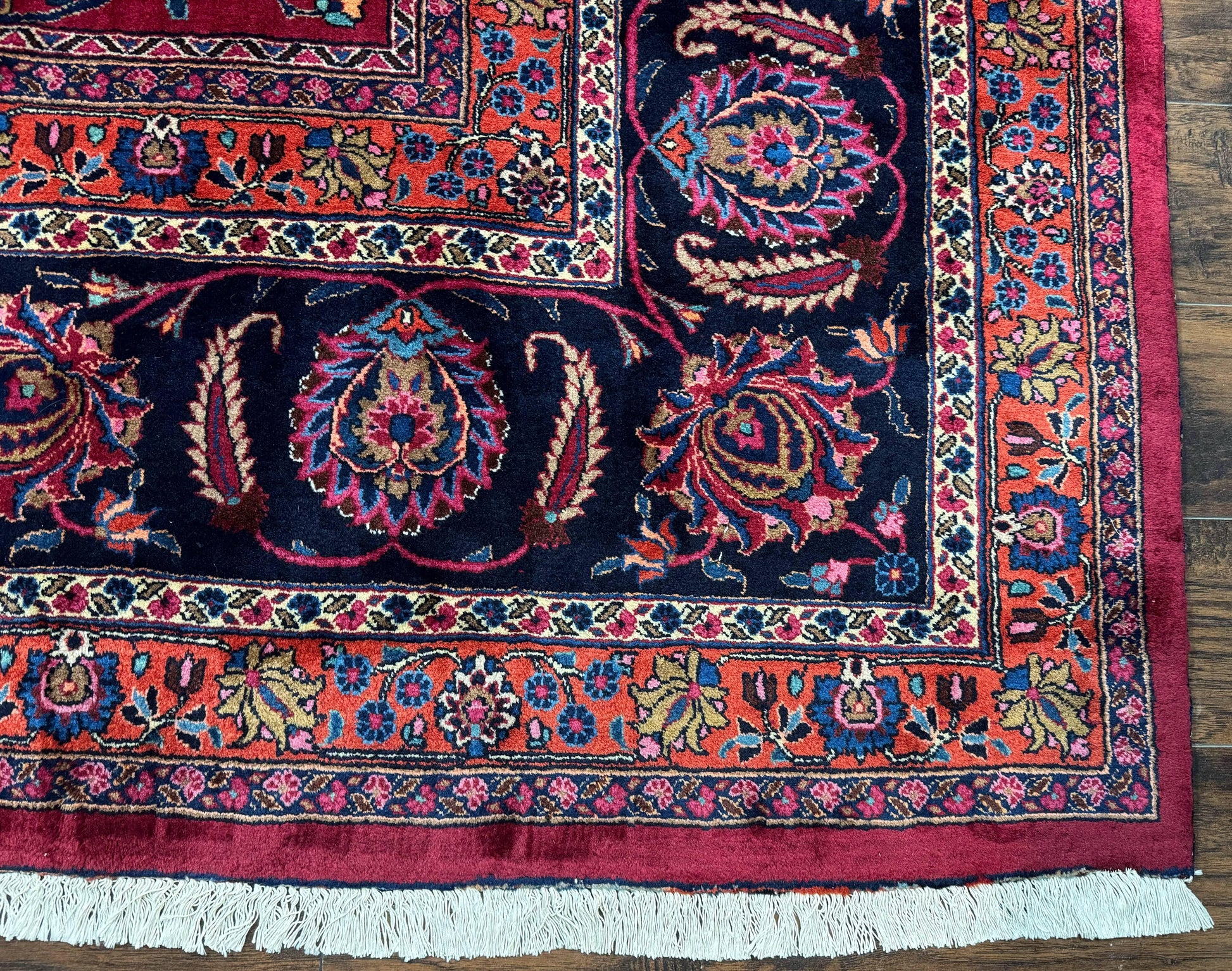 Palace Size Persian Mashad Rug 12x16, Raspberry and Navy Blue, Signature from Master Weaver, Antique Handmade Large Wool Carpet - Nuvé