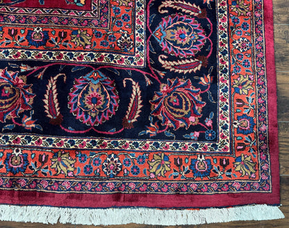 Palace Size Persian Mashad Rug 12x16, Raspberry and Navy Blue, Signature from Master Weaver, Antique Handmade Large Wool Carpet - Nuvé